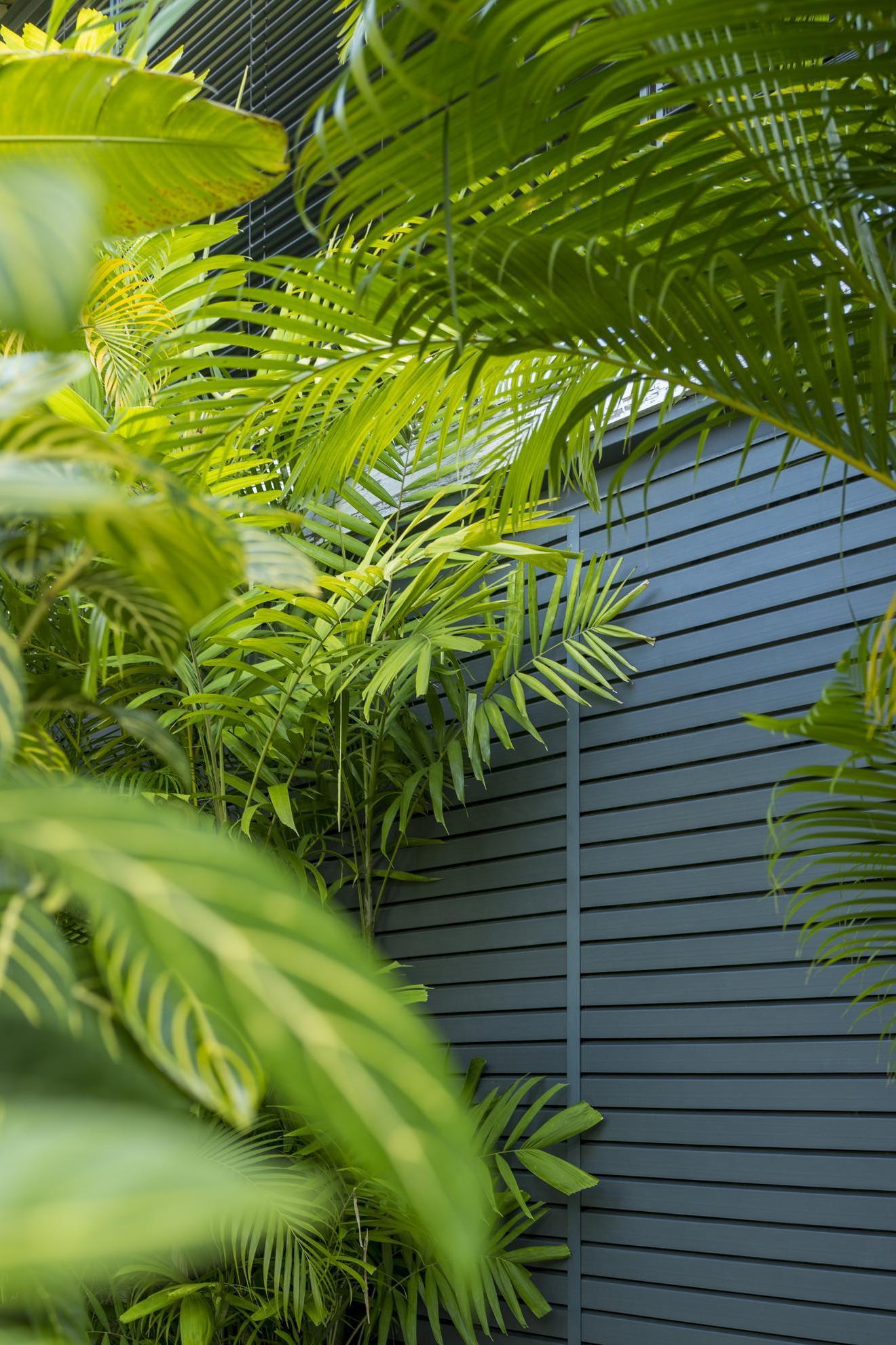 Silvadec lattengevel geïntegreerd in een groene omgeving, die het visuele effect toont van profielen die spelen met licht en schaduw en tegelijkertijd een moderne en dynamische gevel bieden