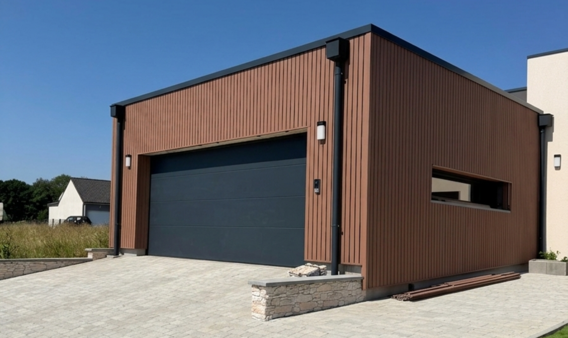 Garage habillé en bardage composite claire-voie Atmosphère brun clair, porte anthracite